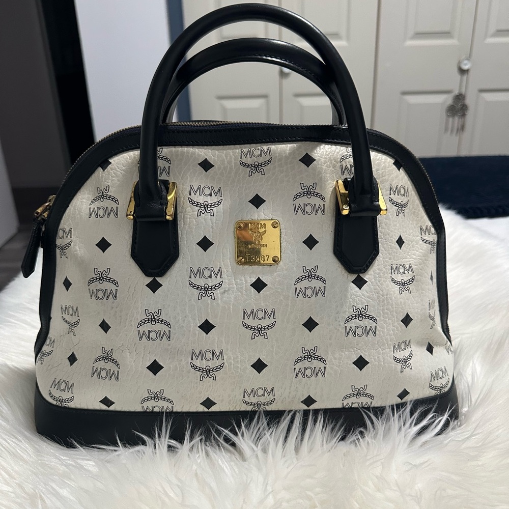 MCM Monogram Black and Cream Satchel